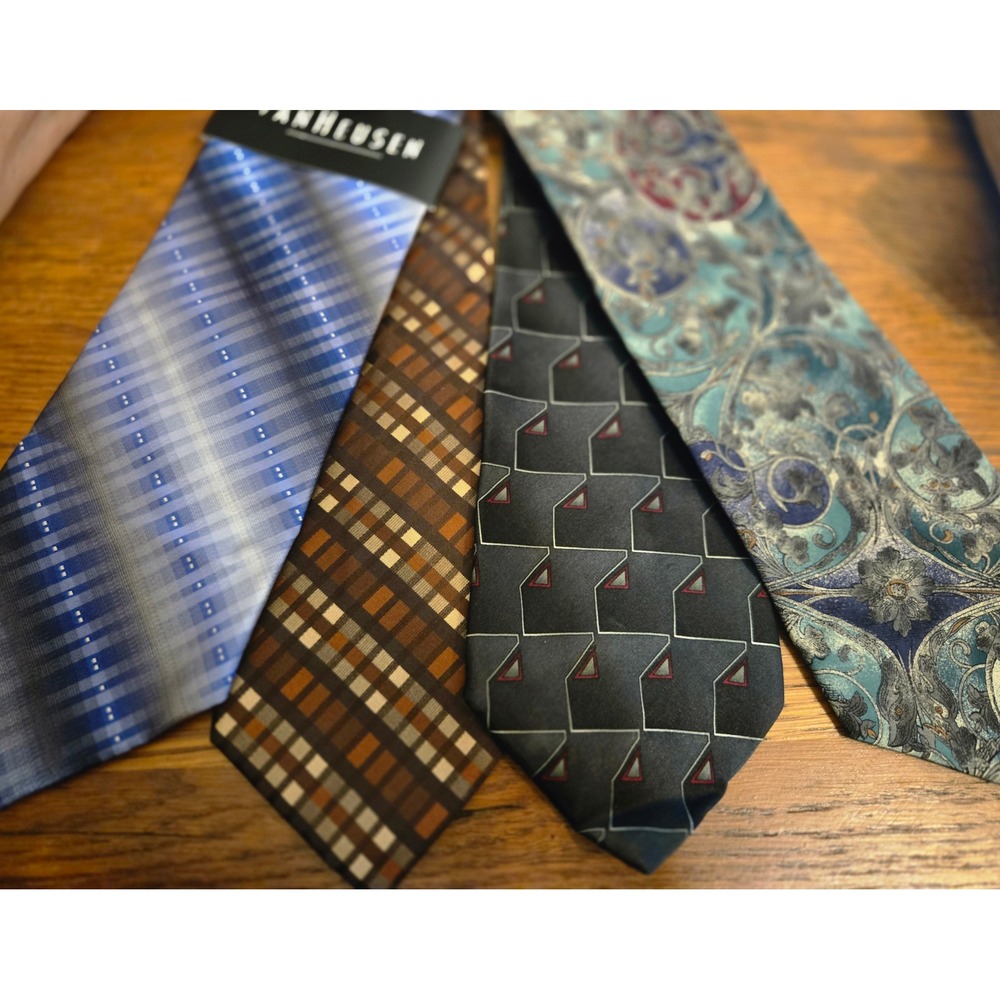Van Heusen Mens Necktie Lot 4 Geometric Paisley Striped Blue Brown Grey silk